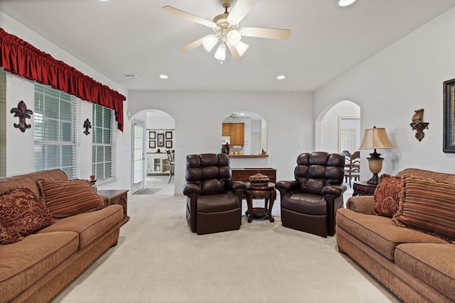 125 Deer Stream Ct, Azle, TX 76020 - living room with carpet, recessed lighting, a ceiling fan, and arched walkways