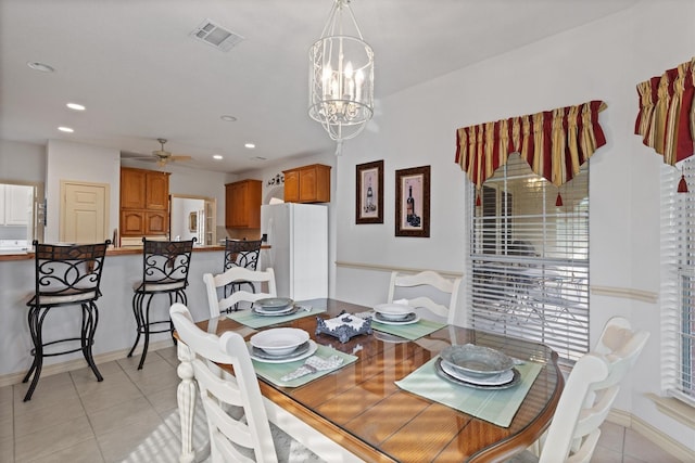 125 Deer Stream Ct, Azle, TX 76020 - dining space with visible vents, baseboards, light tile patterned flooring, recessed lighting, and ceiling fan with notable chandelier