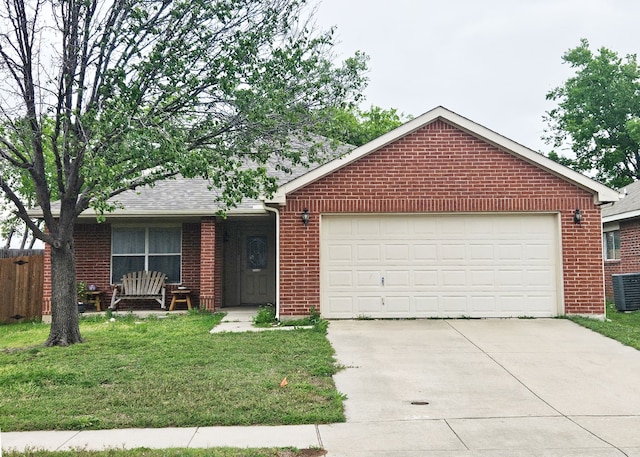 single story home featuring concrete driveway, a front yard, an attached garage, and brick siding