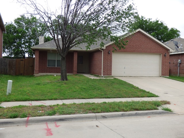 ranch-style house featuring a chimney, fence, a garage, driveway, and a front lawn