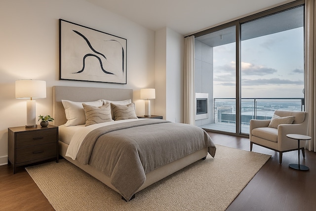 bedroom with floor to ceiling windows, wood finished floors, and access to exterior