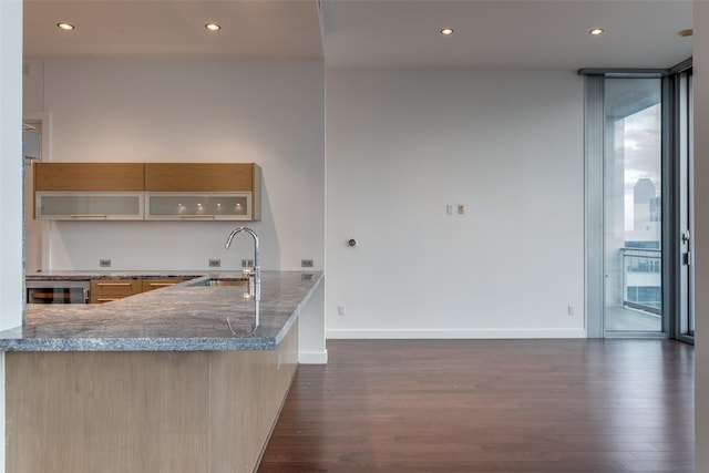 kitchen with recessed lighting, a sink, dark wood-style flooring, glass insert cabinets, and baseboards
