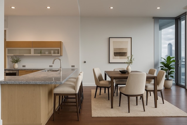 dining area with baseboards, recessed lighting, indoor wet bar, dark wood-style floors, and floor to ceiling windows