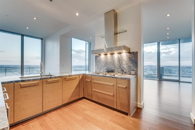 kitchen with exhaust hood, stainless steel gas stovetop, expansive windows, light wood finished floors, and a sink