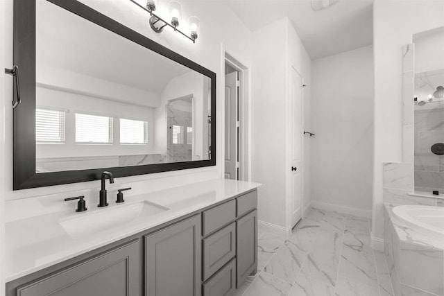 3505 Paintbrush Path, Melissa, TX 75454 - full bathroom featuring a tub with marble appearance, a marble finish shower, marble finish floor, and baseboards