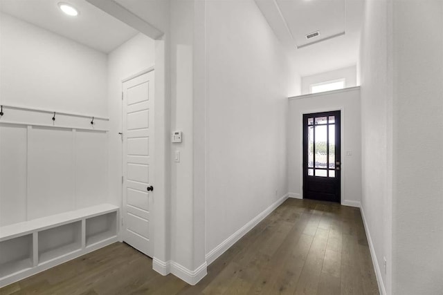 3505 Paintbrush Path, Melissa, TX 75454 - mudroom with dark wood-style flooring, baseboards, and visible vents