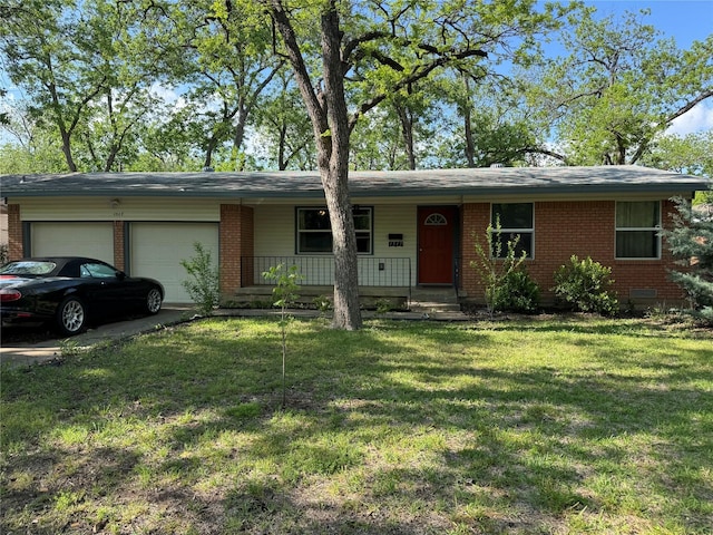 single story home with brick siding, a porch, a front lawn, and an attached garage