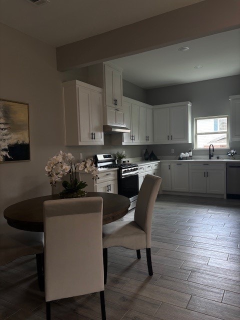 706 Poinsettia Dr, Lancaster, TX 75146 - kitchen with stainless steel appliances, under cabinet range hood, white cabinetry, light wood finished floors, and light countertops