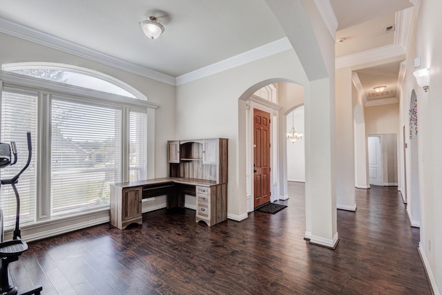 unfurnished office featuring crown molding, visible vents, baseboards, arched walkways, and dark wood-style flooring