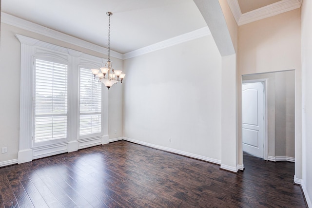 unfurnished dining area with a wealth of natural light, an inviting chandelier, and dark wood-style floors