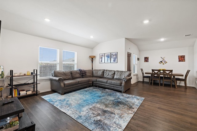 2802 Elk Rd, Crandall, TX 75114 - living area featuring lofted ceiling, dark wood-style floors, recessed lighting, and baseboards