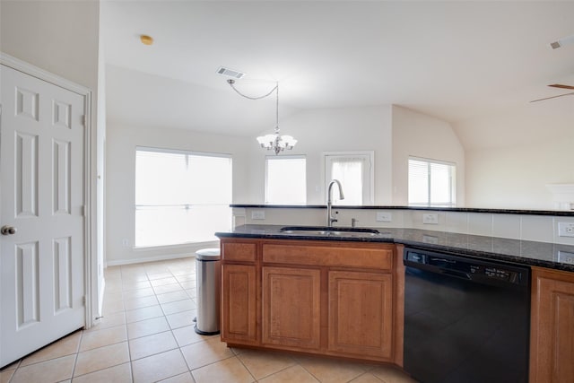 kitchen with visible vents, vaulted ceiling, a sink, a chandelier, and black dishwasher