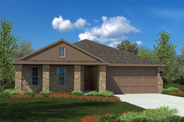 view of front of property with brick siding, a front yard, driveway, and an attached garage