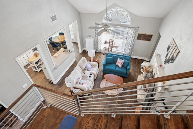 3001 Quail Holw, Mckinney, TX 75072 - living area featuring wood finished floors, lofted ceiling, ceiling fan, and baseboards