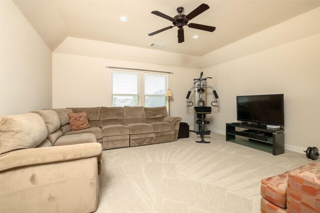 living area featuring recessed lighting, a ceiling fan, visible vents, baseboards, and light colored carpet