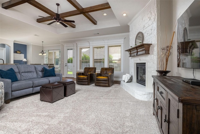living room with recessed lighting, a fireplace, coffered ceiling, carpet floors, and ceiling fan with notable chandelier