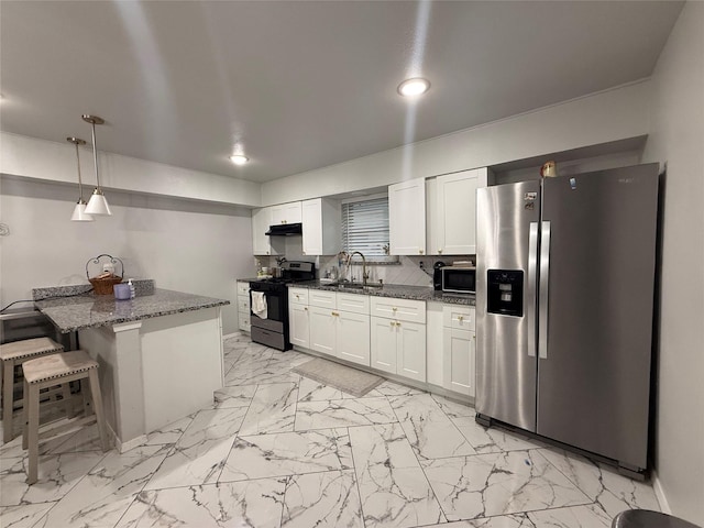 kitchen with stainless steel fridge with ice dispenser, white cabinets, black gas range, marble finish floor, and under cabinet range hood