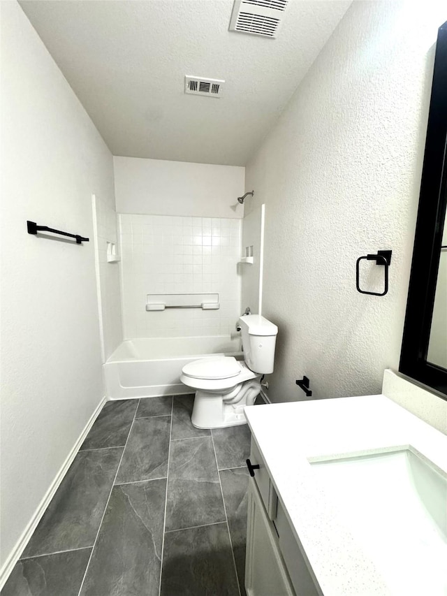 bathroom with toilet, visible vents, shower / bathing tub combination, and vanity
