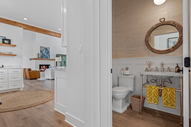 bathroom featuring recessed lighting, wood finished floors, a warm lit fireplace, and toilet