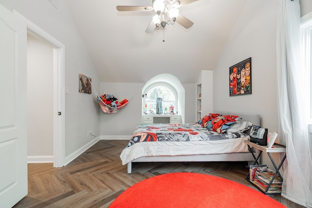 680 Alexandrite Dr, Oak Point, TX 75068 - bedroom featuring ceiling fan, vaulted ceiling, and baseboards