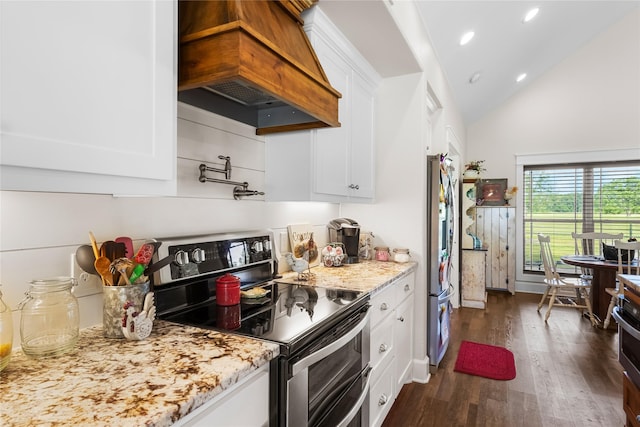 kitchen with white cabinets, light stone countertops, double oven range, dark wood-type flooring, and custom exhaust hood