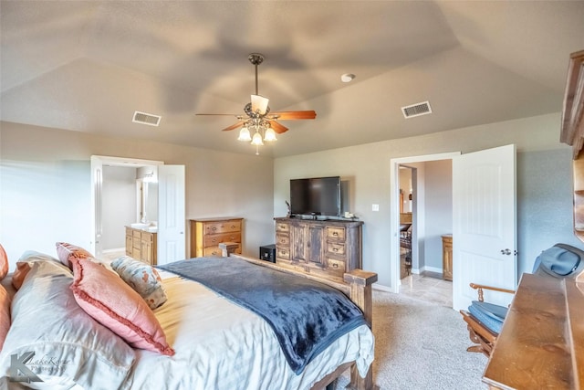 102 Wait Station Ave, Tuscola, TX 79562 - bedroom with light carpet, vaulted ceiling, baseboards, ceiling fan, and ensuite bath