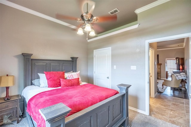 102 Wait Station Ave, Tuscola, TX 79562 - bedroom featuring ornamental molding, baseboards, light carpet, and a ceiling fan