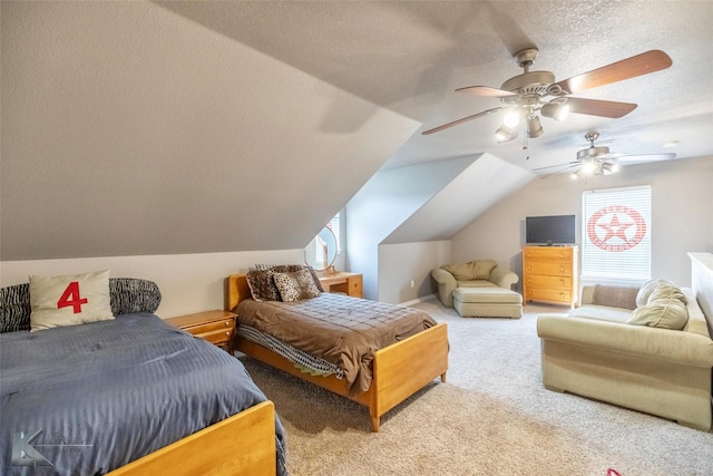 102 Wait Station Ave, Tuscola, TX 79562 - carpeted bedroom with lofted ceiling, a ceiling fan, and a textured ceiling