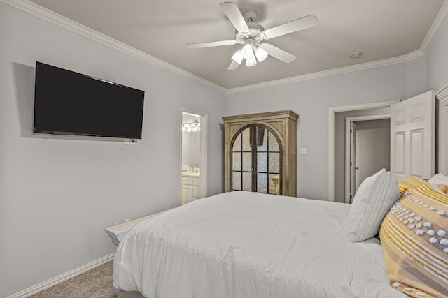 bedroom featuring a ceiling fan, carpet floors, baseboards, connected bathroom, and ornamental molding