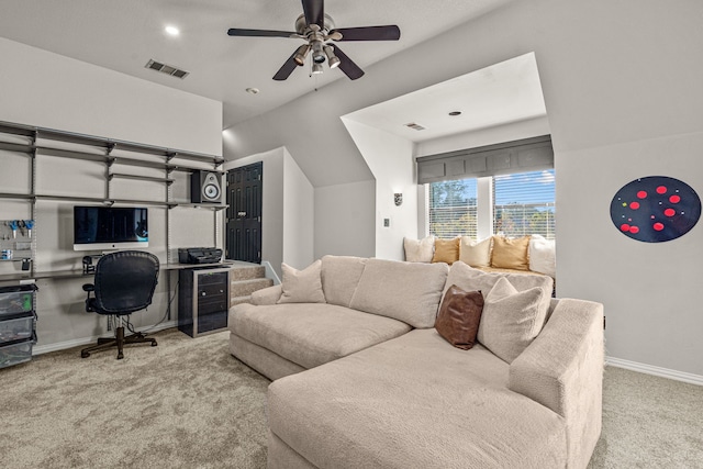 carpeted living room featuring visible vents, recessed lighting, baseboards, and ceiling fan
