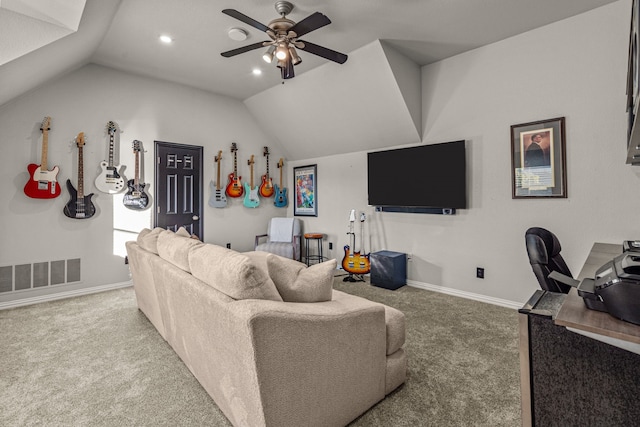 living area featuring visible vents, carpet floors, vaulted ceiling, and ceiling fan