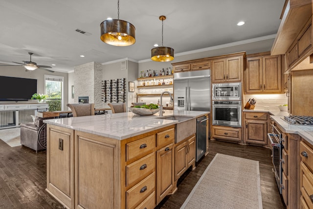 kitchen with a sink, built in appliances, dark wood finished floors, and a stone fireplace