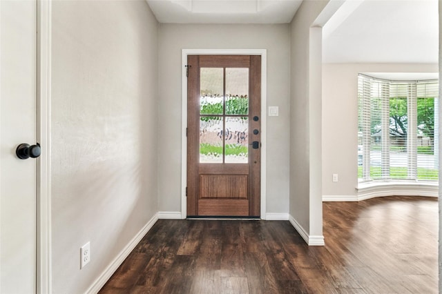 foyer entrance with baseboards and dark wood-style floors
