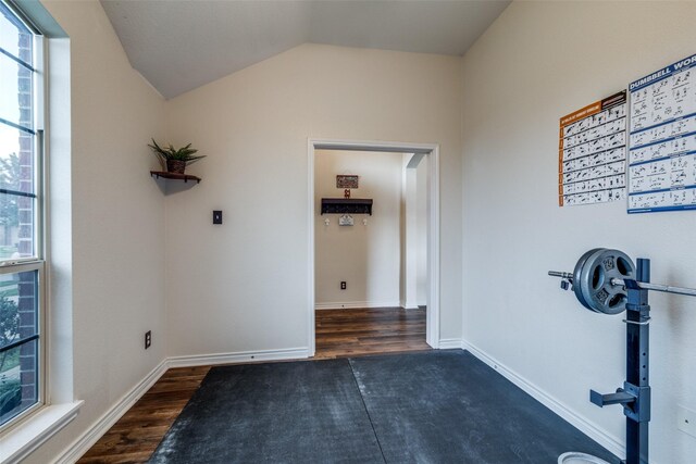 interior space featuring dark wood-style flooring, vaulted ceiling, and plenty of natural light