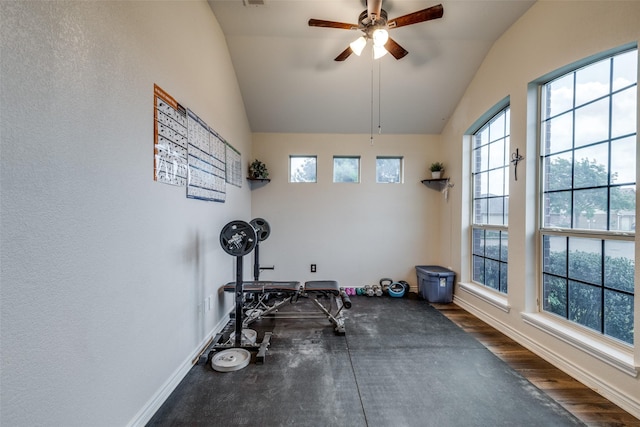 exercise room featuring plenty of natural light, baseboards, vaulted ceiling, and dark wood finished floors