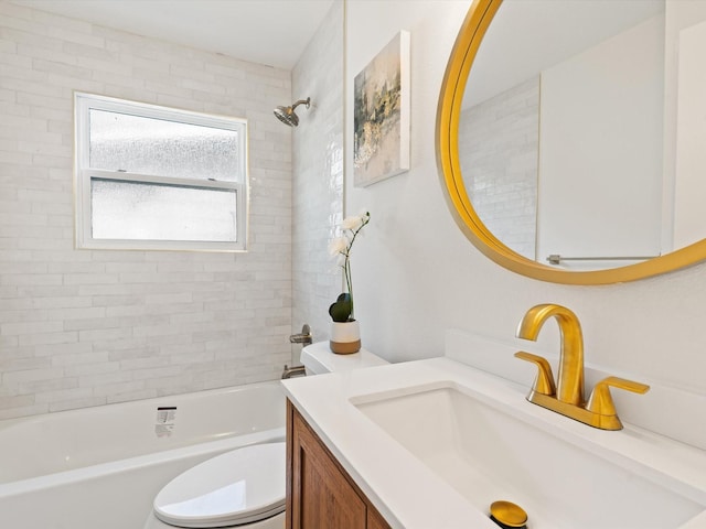 full bath featuring vanity, shower / bathtub combination, and toilet
