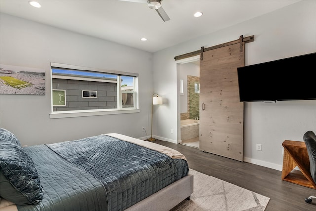 4935 Zuma Ct, Dallas, TX 75206 - bedroom featuring a barn door, baseboards, wood finished floors, recessed lighting, and a ceiling fan