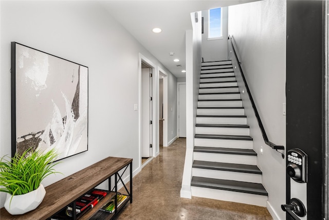 4935 Zuma Ct, Dallas, TX 75206 - staircase featuring finished concrete floors, recessed lighting, and baseboards