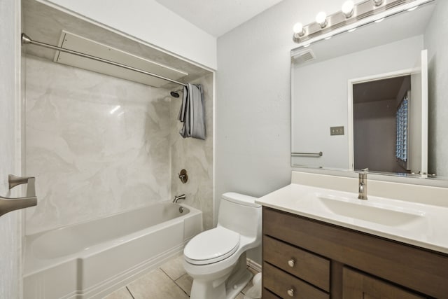 full bathroom with tile patterned flooring, visible vents, vanity, toilet, and shower / tub combination