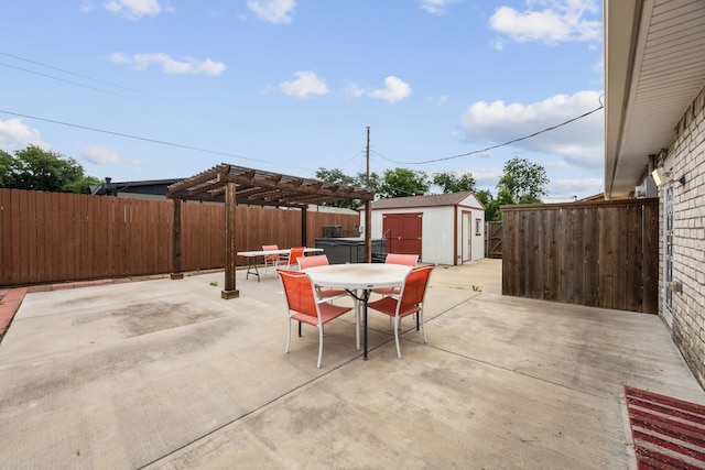 view of patio / terrace featuring an outdoor structure, a pergola, outdoor dining area, a fenced backyard, and a storage unit