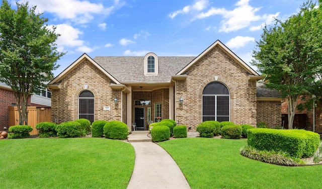 view of front of home with roof with shingles, a front lawn, and brick siding