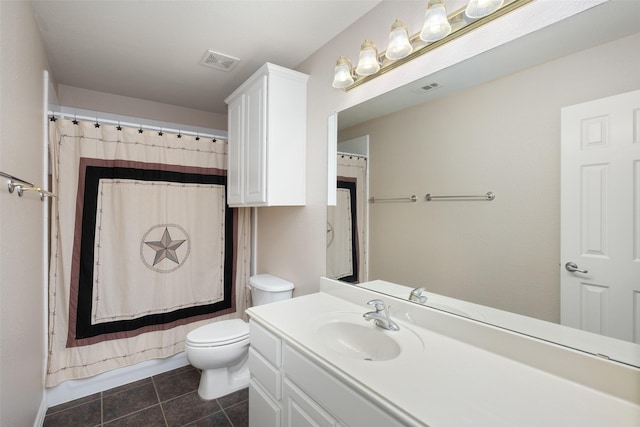 bathroom with visible vents, tile patterned flooring, toilet, and vanity