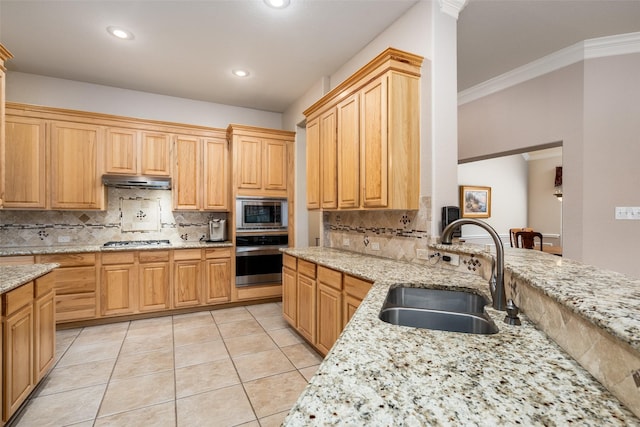 kitchen featuring crown molding, decorative backsplash, under cabinet range hood, a sink, and appliances with stainless steel finishes