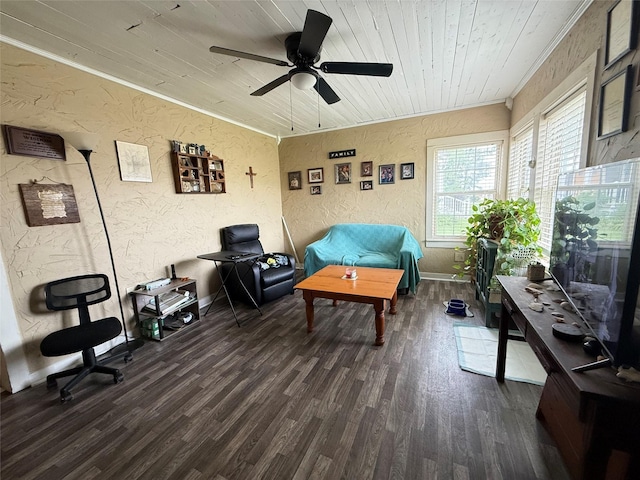 interior space with crown molding, a textured wall, dark wood-style floors, and ceiling fan