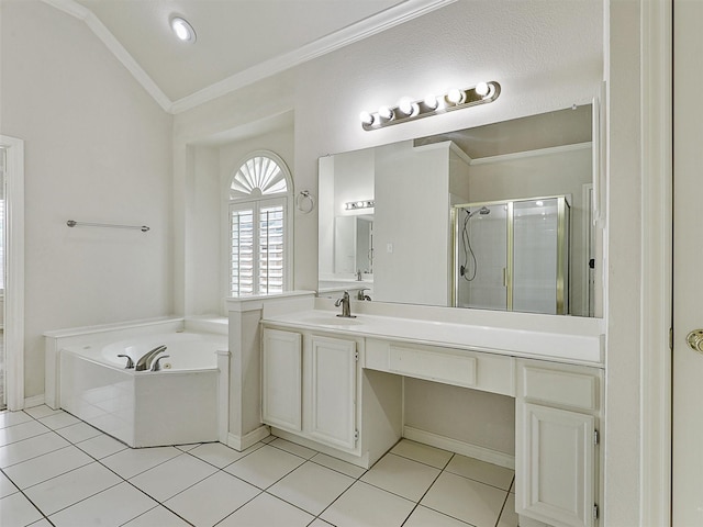 full bathroom featuring crown molding, tile patterned flooring, a garden tub, vanity, and a stall shower