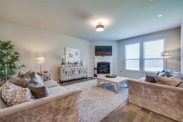 living room featuring a chandelier, a glass covered fireplace, and wood finished floors