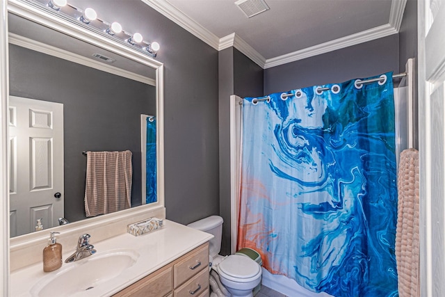 bathroom featuring vanity, ornamental molding, toilet, and visible vents