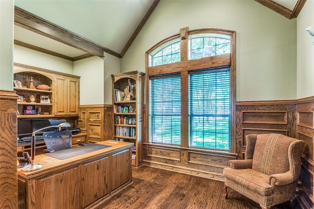 office space featuring a wainscoted wall, ornamental molding, vaulted ceiling, and dark wood-style flooring