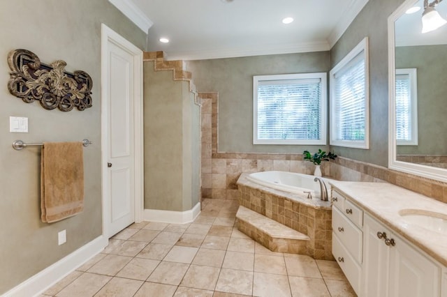 full bathroom featuring tile patterned flooring, ornamental molding, a bath, and vanity