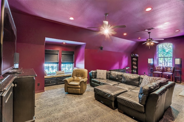cinema room with carpet floors, a textured ceiling, ceiling fan, and recessed lighting